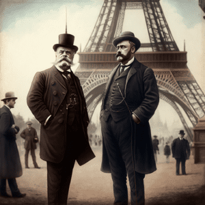 Deux hommes discutent au pied de la Tour Eiffel. Ils sont élégamment vêtus et portent une grosse barbe et une moustache grisonnantes, ainsi qu'un chapeau. Il y a un certain nombre de personnes qui se promènent autour de la tour. Il semble y avoir du brouillard.